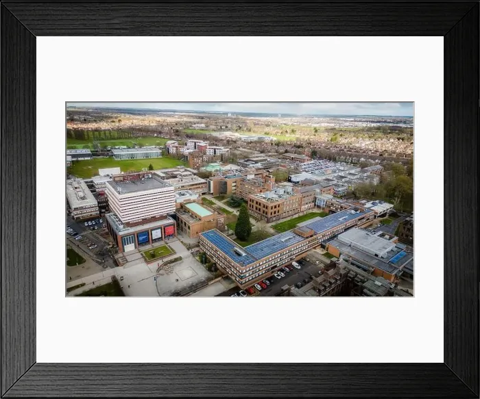 Framed Print : Hull University campus ariel drone view with buildings and city landscape Framed Print : Hull University campus ariel drone view with buildings and city landscape