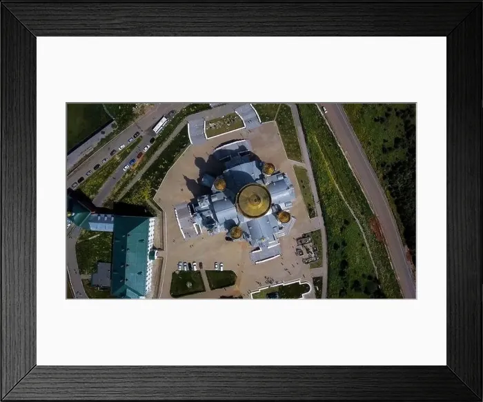 Framed Print : Huge white church. Drone view. Clip Framed Print : Huge white church. Drone view. Clip
