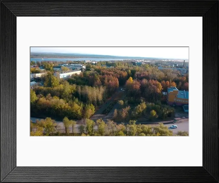 Framed Print : Top view of city on background of river and autumn forest Framed Print : Top view of city on background of river and autumn forest