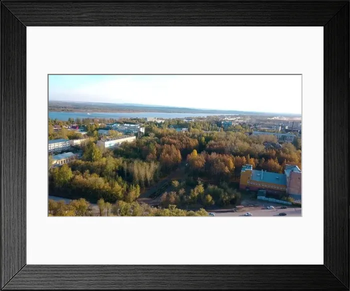 Framed Print : Top view of city on background of river and autumn forest Framed Print : Top view of city on background of river and autumn forest