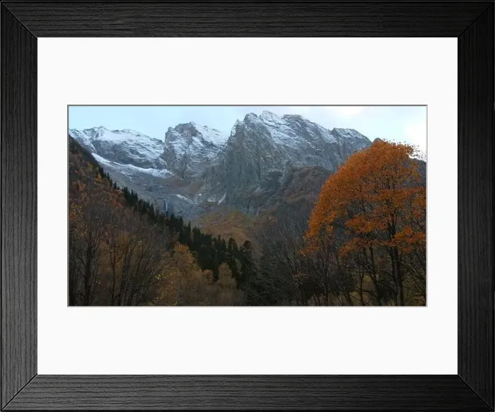 Framed Print : Beautiful view of autumn trees on background of mountains Framed Print : Beautiful view of autumn trees on background of mountains
