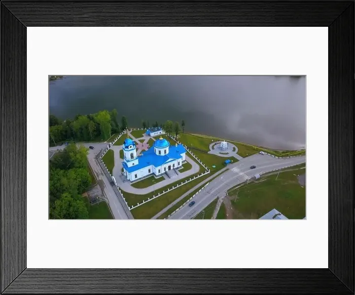 Framed Print : Top view of church with blue domes on river bank Framed Print : Top view of church with blue domes on river bank