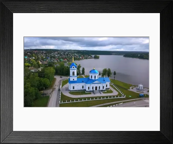 Framed Print : Top view of church with blue domes on river bank Framed Print : Top view of church with blue domes on river bank