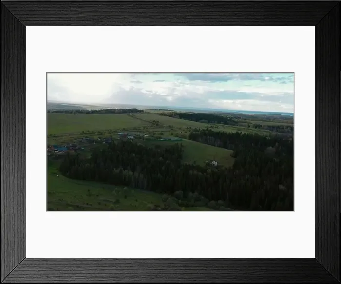 Framed Print : Top view of village in field with forest on horizon in summer