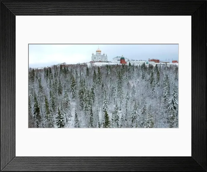 Framed Print : Winter forest landscape. Clip.View from a height of the green spruce standing in the white snow Framed Print : Winter forest landscape. Clip.View from a height of the green spruce standing in the white snow