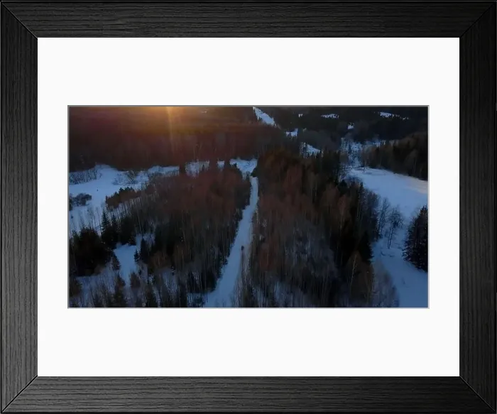 Framed Print : Snowy bare forest. Clip.Helicopter view of green almost leafless trees and snow drifts around with a blue sky Framed Print : Snowy bare forest. Clip.Helicopter view of green almost leafless trees and snow drifts around with a blue sky