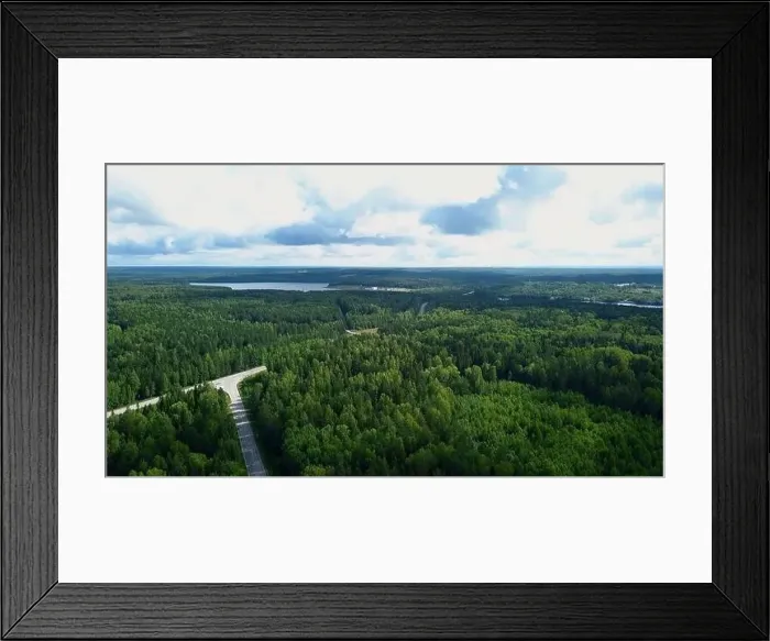 Framed Print : Bird's-eye view. Clip.Green forest around the river with plants around and pipes and white clouds around Framed Print : Bird's-eye view. Clip.Green forest around the river with plants around and pipes and white clouds around