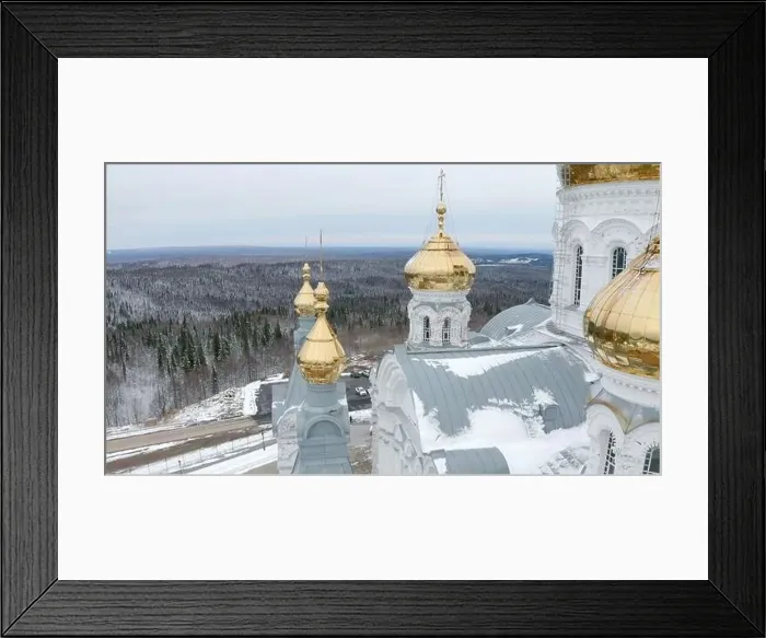 Framed Print : Top view of white church with golden domes in winter Framed Print : Top view of white church with golden domes in winter