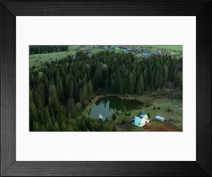 Framed Print : Top view of house of small lake in forest Framed Print : Top view of house of small lake in forest