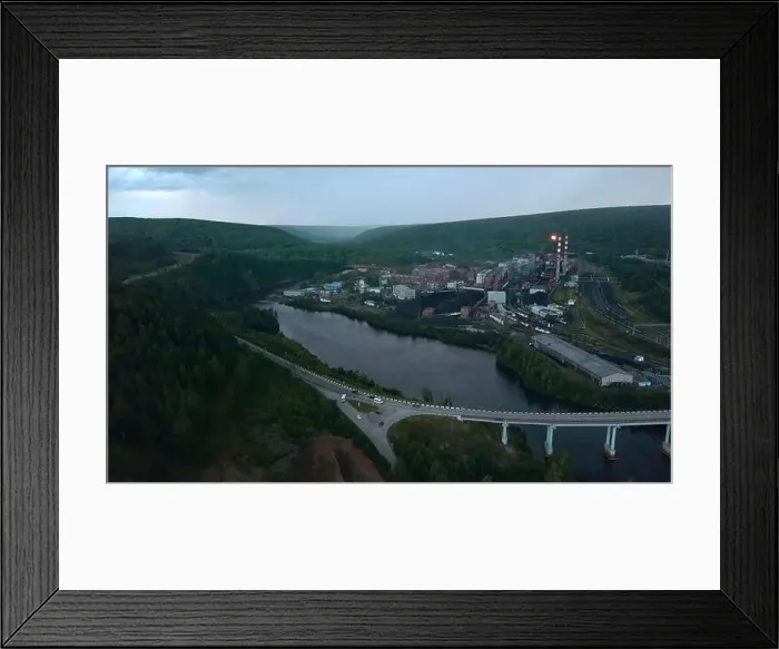 Framed Print : Top view of small factory town by river Framed Print : Top view of small factory town by river