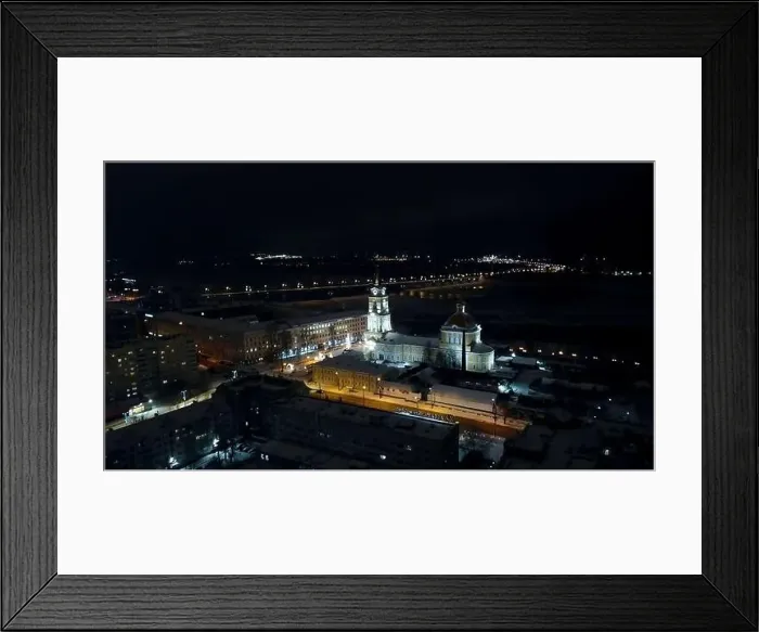 Framed Print : Top view of night city with glowing church Framed Print : Top view of night city with glowing church