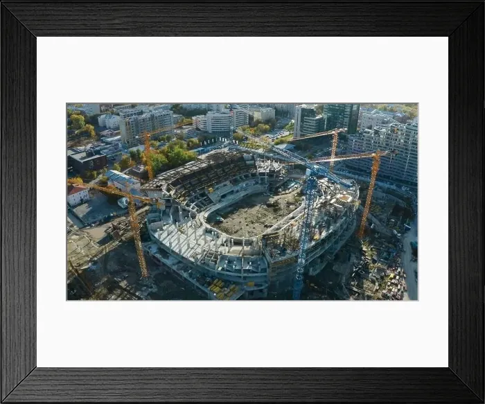 Framed Print : Top view of construction of sports arena with cranes Framed Print : Top view of construction of sports arena with cranes
