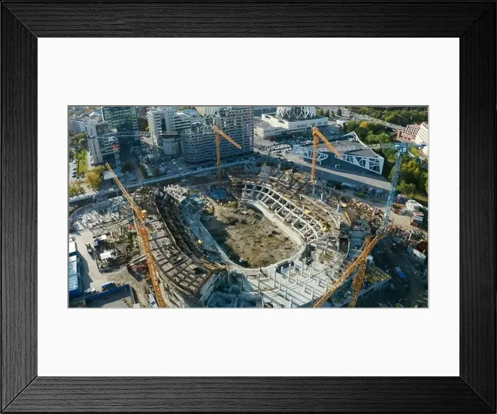 Framed Print : Top view of construction of sports arena with cranes Framed Print : Top view of construction of sports arena with cranes