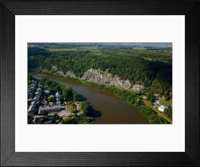 Framed Print : Aerial view of wild nature with rock clif and endless forest. Clip. Beautiful river along summer trees Framed Print : Aerial view of wild nature with rock clif and endless forest. Clip. Beautiful river along summer trees