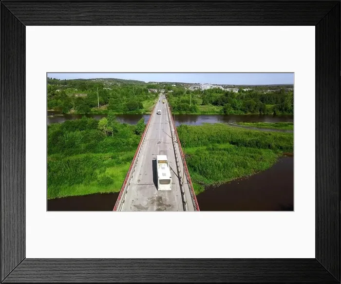 Framed Print : Aerial top down view of small road bridge across the river in rural area Framed Print : Aerial top down view of small road bridge across the river in rural area