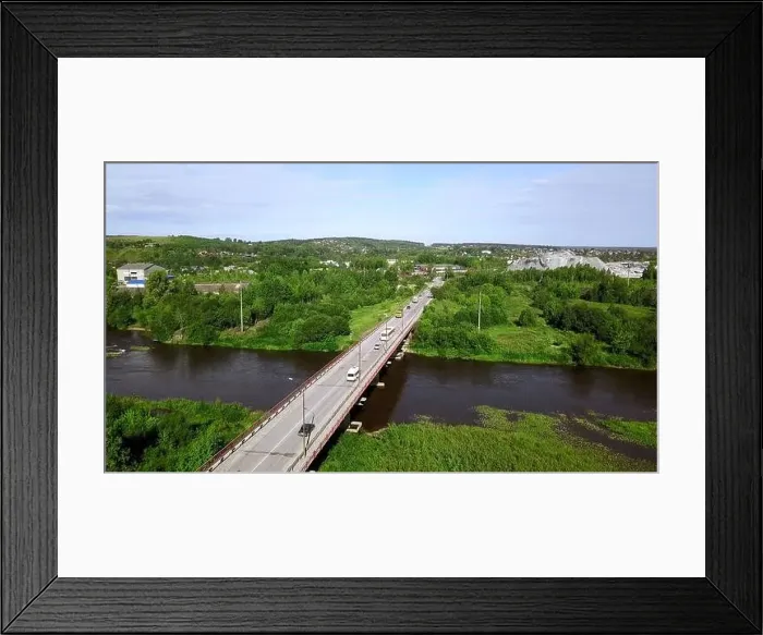 Framed Print : Aerial top down view of small road bridge across the river in rural area Framed Print : Aerial top down view of small road bridge across the river in rural area