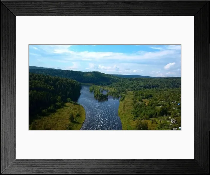 Framed Print : Aerial view of river and forest at summer day Framed Print : Aerial view of river and forest at summer day