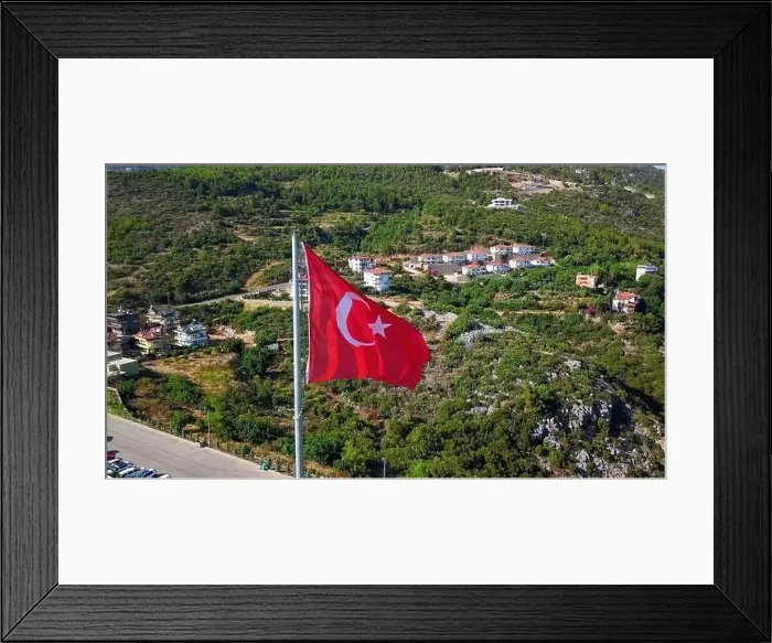 Framed Print : Aerial view of a Turkey national red flag. Clip. Summer green mountain and vegetation with buildings Framed Print : Aerial view of a Turkey national red flag. Clip. Summer green mountain and vegetation with buildings