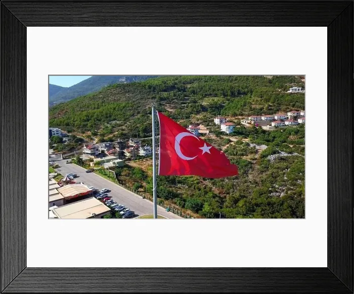 Framed Print : Aerial view of a Turkey national red flag. Clip. Summer green mountain and vegetation with buildings Framed Print : Aerial view of a Turkey national red flag. Clip. Summer green mountain and vegetation with buildings