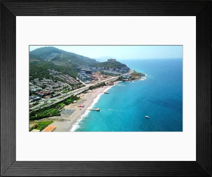 Framed Print : Aerial view of turquoise sea and sand shore. Clip. Concept of summer holidays and tourism, southern town and green hills Framed Print : Aerial view of turquoise sea and sand shore. Clip. Concept of summer holidays and tourism, southern town and green hills