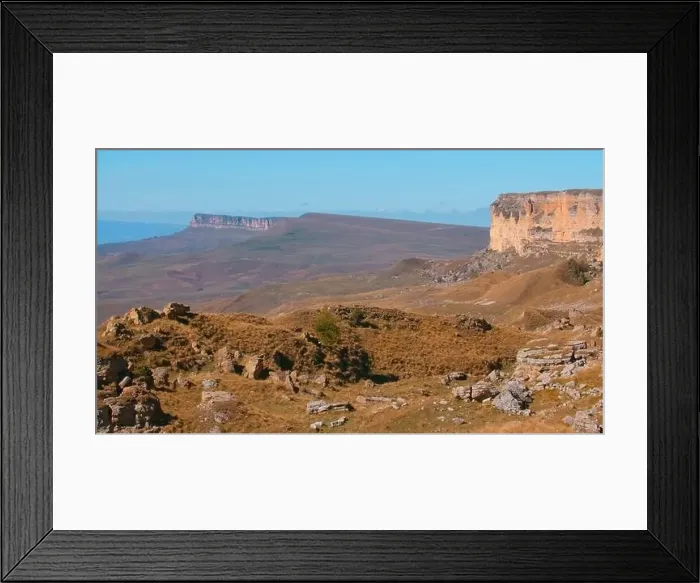 Framed Print : Picturesque landscape of mountains with green small shrubs. Shot. Beautiful, unusual rocks on a blue sky background Framed Print : Picturesque landscape of mountains with green small shrubs. Shot. Beautiful, unusual rocks on a blue sky background