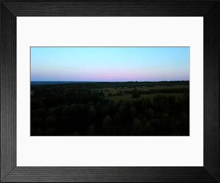 Framed Print : Aerial view and a sunset over meadow. Clip. Beautiful green fields and warm sunset sunlight