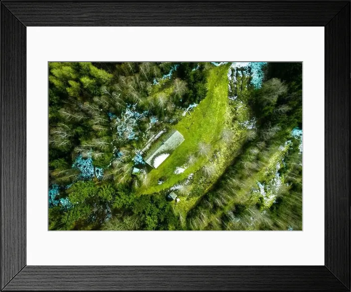 Framed Print : Fantastic, scenic drone view of an alpine hut with associated pasture surrounded by bare birch trees in a mixed forest Framed Print : Fantastic, scenic drone view of an alpine hut with associated pasture surrounded by bare birch trees in a mixed forest