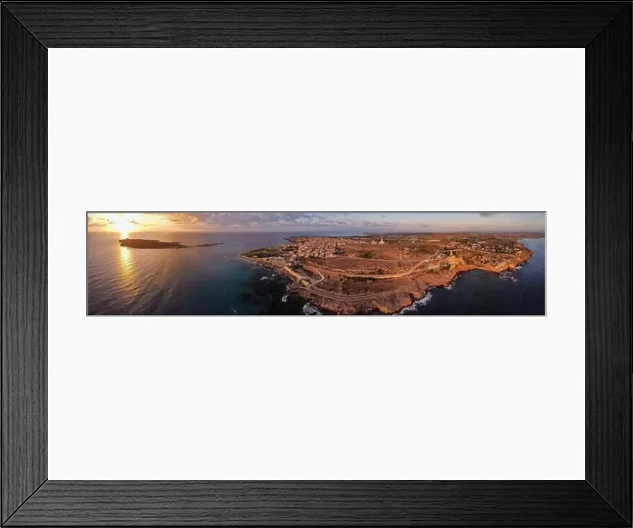 Framed Print : Aerial drone. Rocky coastline and island at Portopalo di Capo Passero, Siracusa Province, Sicily