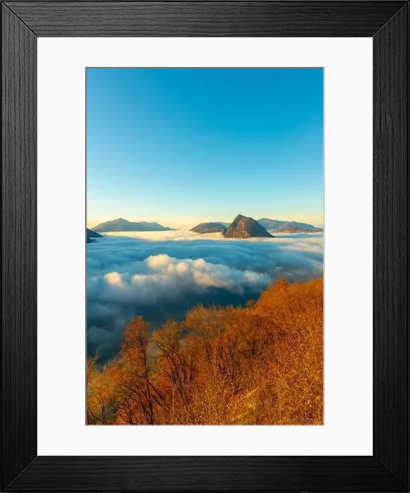 Framed Print : Mountain Peak San Salvatore Above Cloudscape with a Autumn Tree and Sunlight with Clear Sky in Lugano Framed Print : Mountain Peak San Salvatore Above Cloudscape with a Autumn Tree and Sunlight with Clear Sky in Lugano