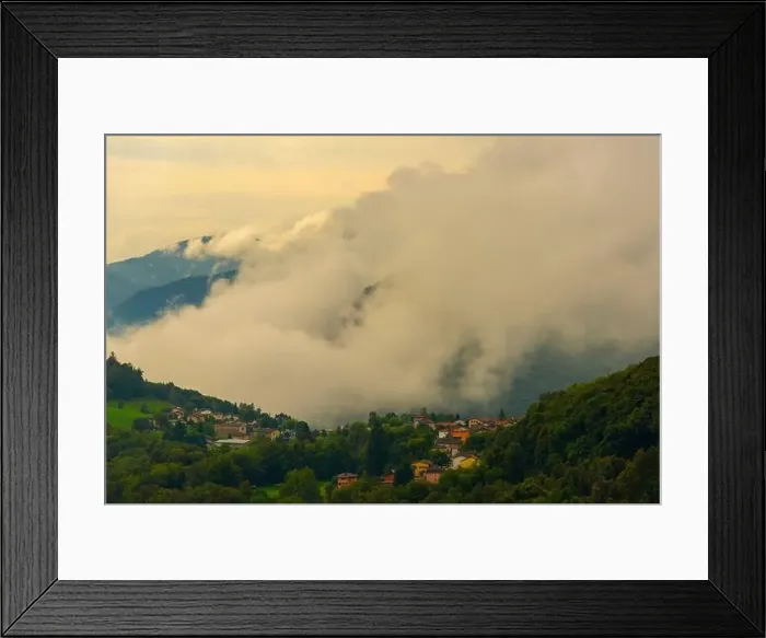 Framed Print : Alpine Village Novaggio in the Clouds with Mountain View in Ticino, Switzerland Framed Print : Alpine Village Novaggio in the Clouds with Mountain View in Ticino, Switzerland