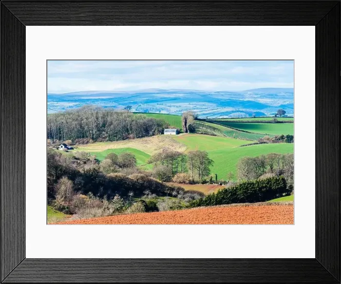 Framed Print : Fields and Farmlands in spring from a drone, Devon, England, Europe Framed Print : Fields and Farmlands in spring from a drone, Devon, England, Europe