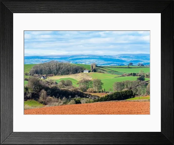 Framed Print : Fields and Farmlands in spring from a drone, Devon, England, Europe Framed Print : Fields and Farmlands in spring from a drone, Devon, England, Europe