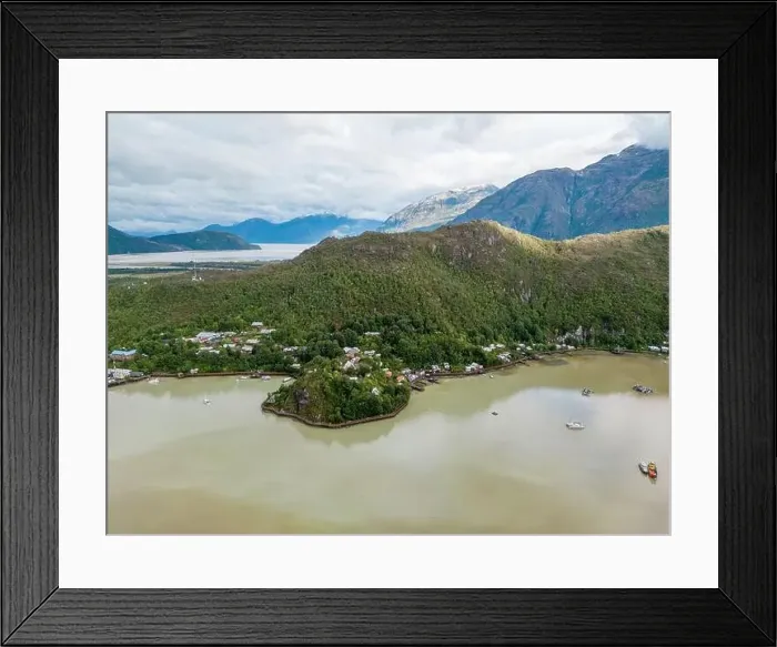 Framed Print : Drone view of Caleta Tortel with its small cabins - Discovering the beautiful village while traveling the Carretera Framed Print : Drone view of Caleta Tortel with its small cabins - Discovering the beautiful village while traveling the Carretera