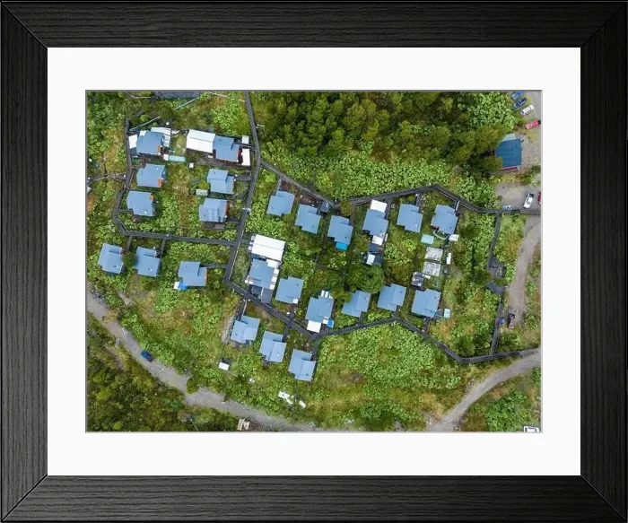 Framed Print : Drone view of Tortel with its small cabins - Discovering the beautiful village while traveling the Carretera Austral in Framed Print : Drone view of Tortel with its small cabins - Discovering the beautiful village while traveling the Carretera Austral in