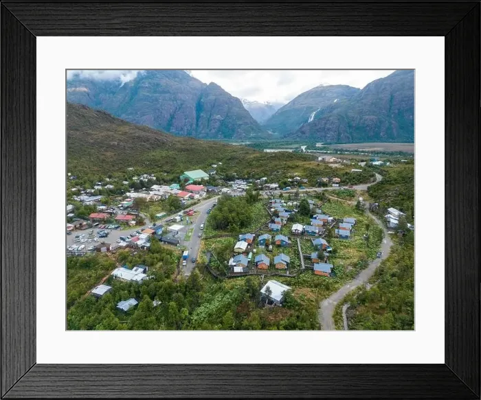 Framed Print : Drone view of Tortel with its small cabins - Discovering the beautiful village while traveling the Carretera Austral in Framed Print : Drone view of Tortel with its small cabins - Discovering the beautiful village while traveling the Carretera Austral in