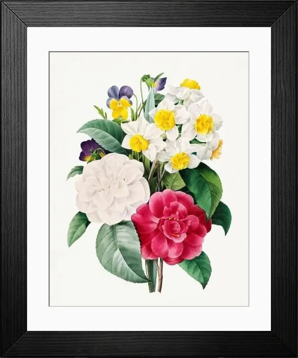 Framed Print : Camellia, daffodil and pansy bouquet Framed Print : Camellia, daffodil and pansy bouquet