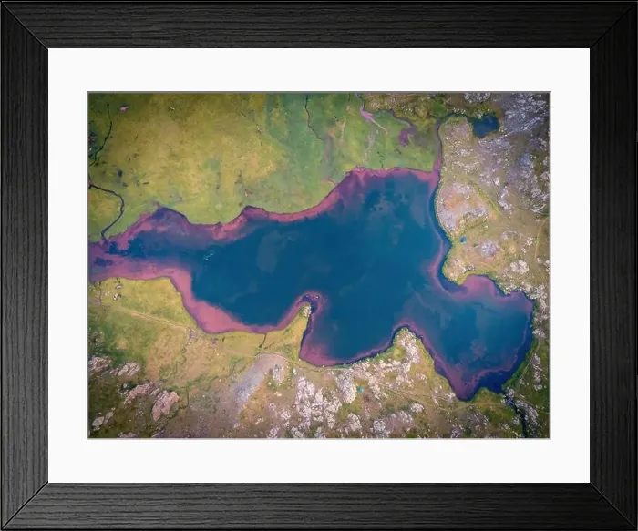 Framed Print : Top aerial view of colorful lake water surrounded by green grass and stones in daylight in nature of Pyrenees Framed Print : Top aerial view of colorful lake water surrounded by green grass and stones in daylight in nature of Pyrenees