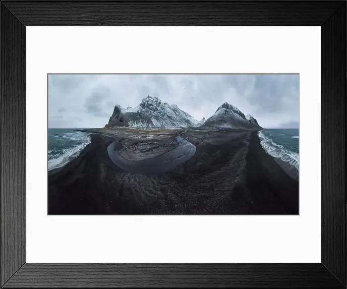 Framed Print : Scenic aerial view of river estuary located in valley near snowy mountain range on cold winter day next to coast in Framed Print : Scenic aerial view of river estuary located in valley near snowy mountain range on cold winter day next to coast in
