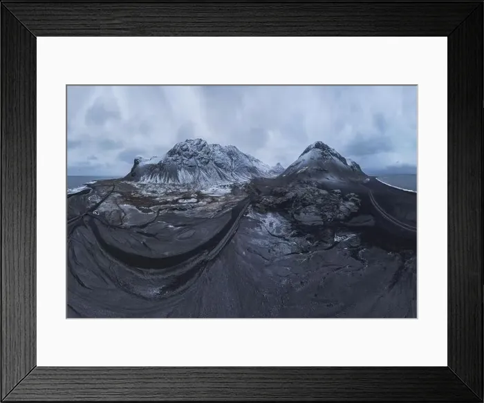 Framed Print : Scenic aerial view of river estuary located in valley near snowy mountain range on cold winter day next to coast in Framed Print : Scenic aerial view of river estuary located in valley near snowy mountain range on cold winter day next to coast in