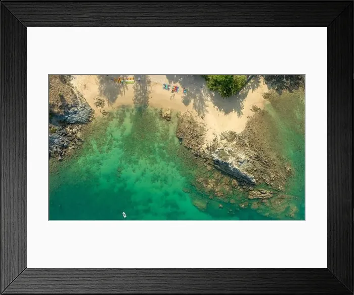 Framed Print : aerial panorama view above turquoise sea around Nui beach small beach surrounded by tourist attractions Framed Print : aerial panorama view above turquoise sea around Nui beach small beach surrounded by tourist attractions