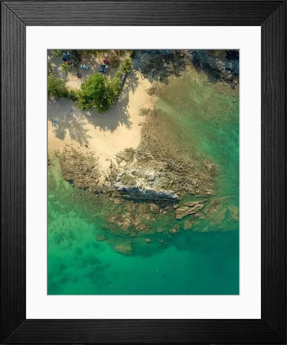 Framed Print : aerial panorama view above turquoise sea around Nui beach small beach surrounded by tourist attractions Framed Print : aerial panorama view above turquoise sea around Nui beach small beach surrounded by tourist attractions