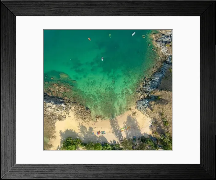 Framed Print : aerial panorama view above turquoise sea around Nui beach small beach surrounded by tourist attractions Framed Print : aerial panorama view above turquoise sea around Nui beach small beach surrounded by tourist attractions