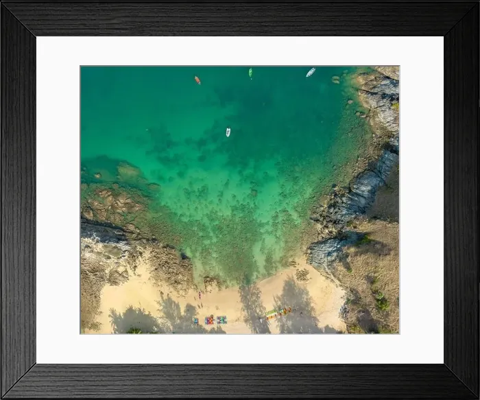 Framed Print : aerial panorama view above turquoise sea around Nui beach small beach surrounded by tourist attractions Framed Print : aerial panorama view above turquoise sea around Nui beach small beach surrounded by tourist attractions