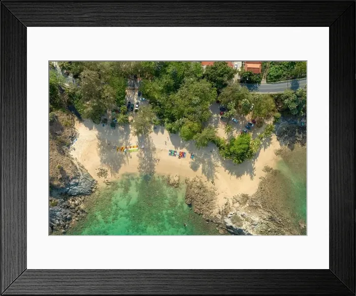 Framed Print : aerial panorama view above turquoise sea around Nui beach small beach surrounded by tourist attractions Framed Print : aerial panorama view above turquoise sea around Nui beach small beach surrounded by tourist attractions