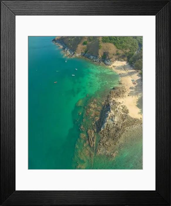 Framed Print : aerial panorama view above turquoise sea around Nui beach small beach surrounded by tourist attractions Framed Print : aerial panorama view above turquoise sea around Nui beach small beach surrounded by tourist attractions
