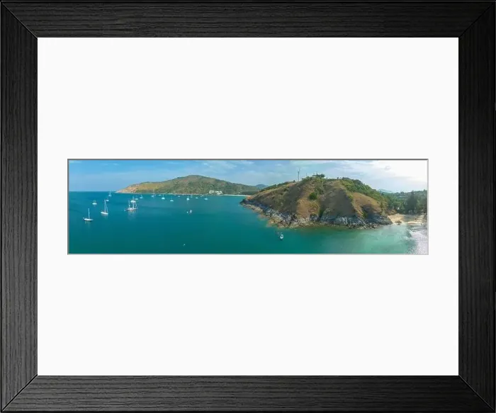 Framed Print : aerial photography above wind turbine on hilltop beside the sea near Promthep cape viewpoint creative nature