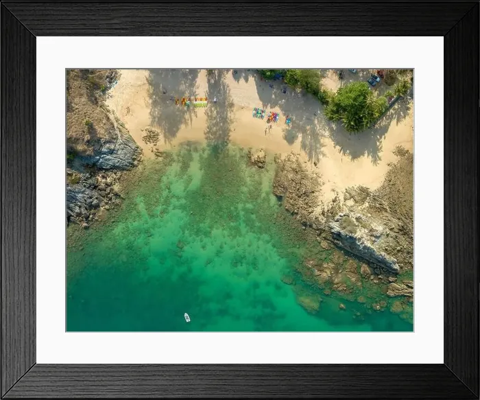 Framed Print : aerial panorama view above turquoise sea around Nui beach small beach surrounded by tourist attractions Framed Print : aerial panorama view above turquoise sea around Nui beach small beach surrounded by tourist attractions