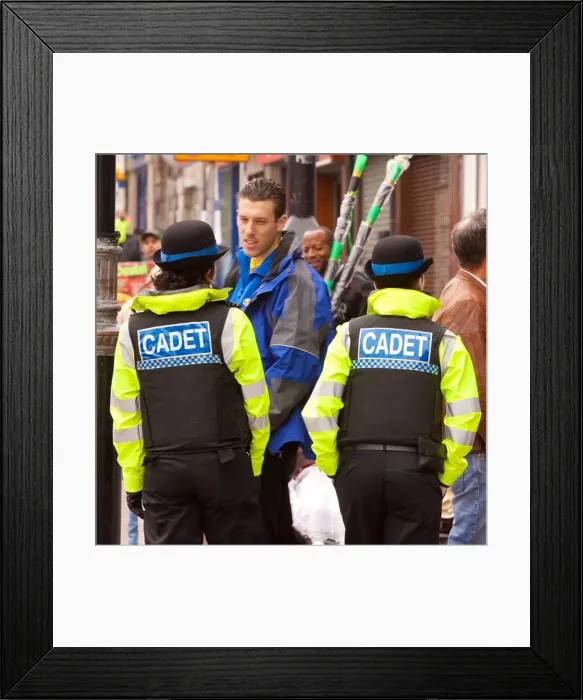 Framed Print : Two Police cadets talking to a member of the public Framed Print : Two Police cadets talking to a member of the public