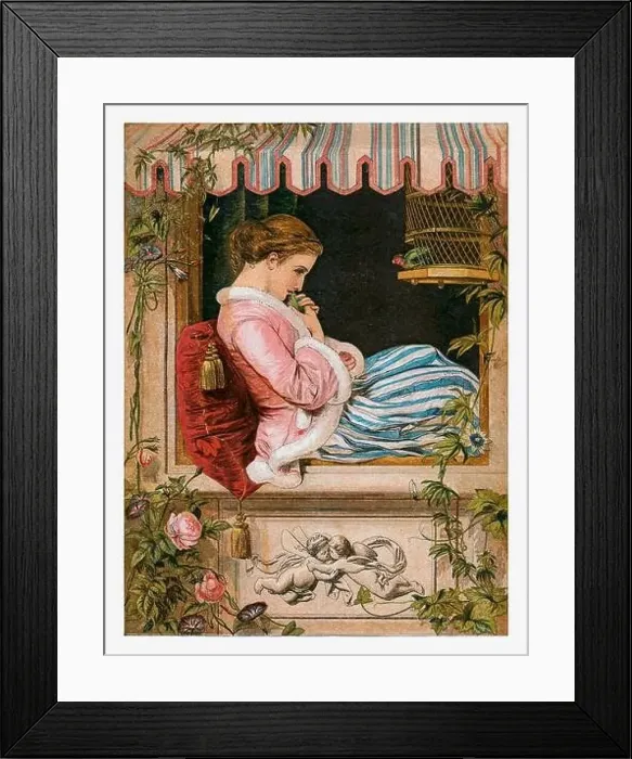 Framed Print : Lady holding a little bird. Seasonal illustration of The illustrated London Almanack (1845 to 1895) Framed Print : Lady holding a little bird. Seasonal illustration of The illustrated London Almanack (1845 to 1895)