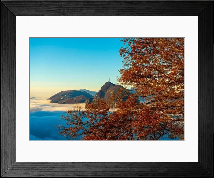 Framed Print : Mountain Peak San Salvatore Above Cloudscape with a Autumn Tree and Sunlight with Clear Sky in Lugano Framed Print : Mountain Peak San Salvatore Above Cloudscape with a Autumn Tree and Sunlight with Clear Sky in Lugano